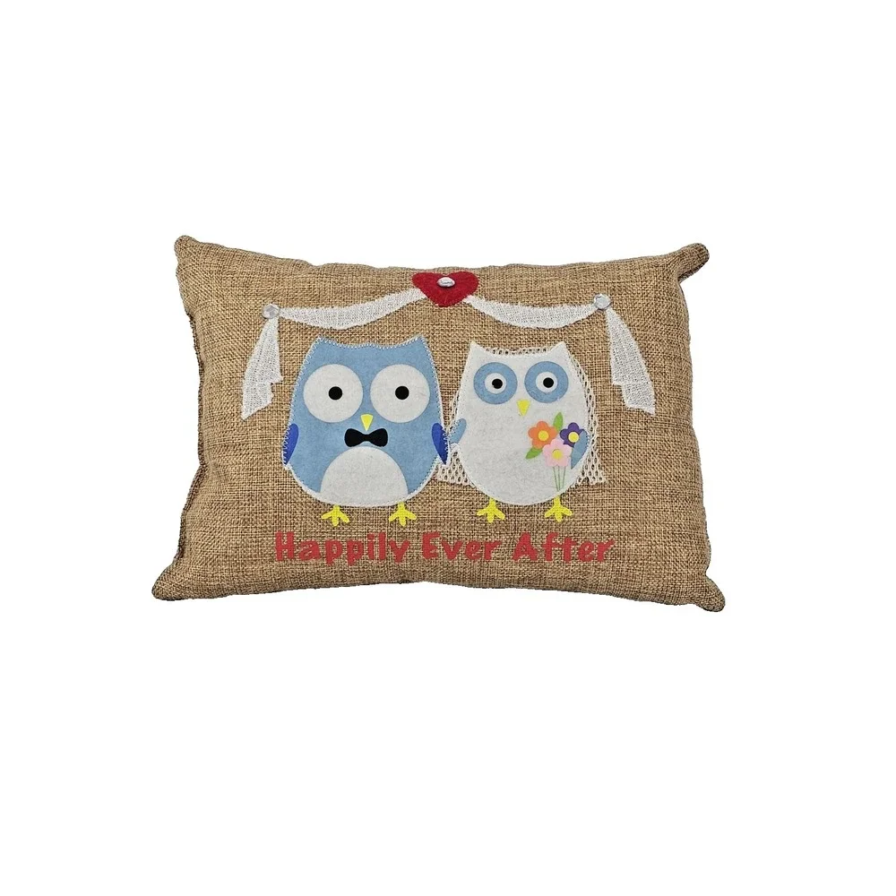 Happily Ever After Owl Wedding Married Couple Throw Pillow Heart Love burlap
